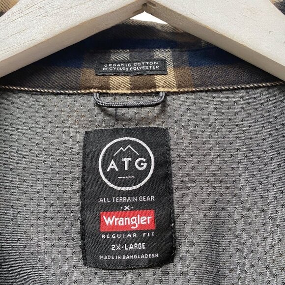 Wrangler ATG™ Men's Plaid Shirt XXL Blue Brown Plaid Button Up Elbow Patch - Picture 4 of 15